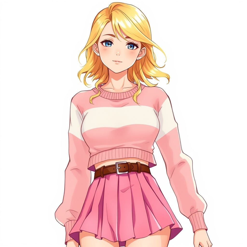 Charming Anime Girl in Pastel Pink and White Outfit