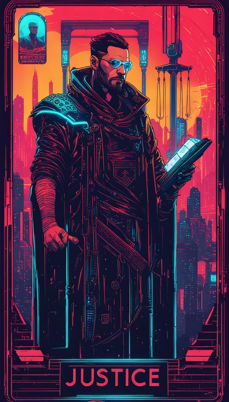 Justice Tarot Card in Cyberpunk 2099 Style