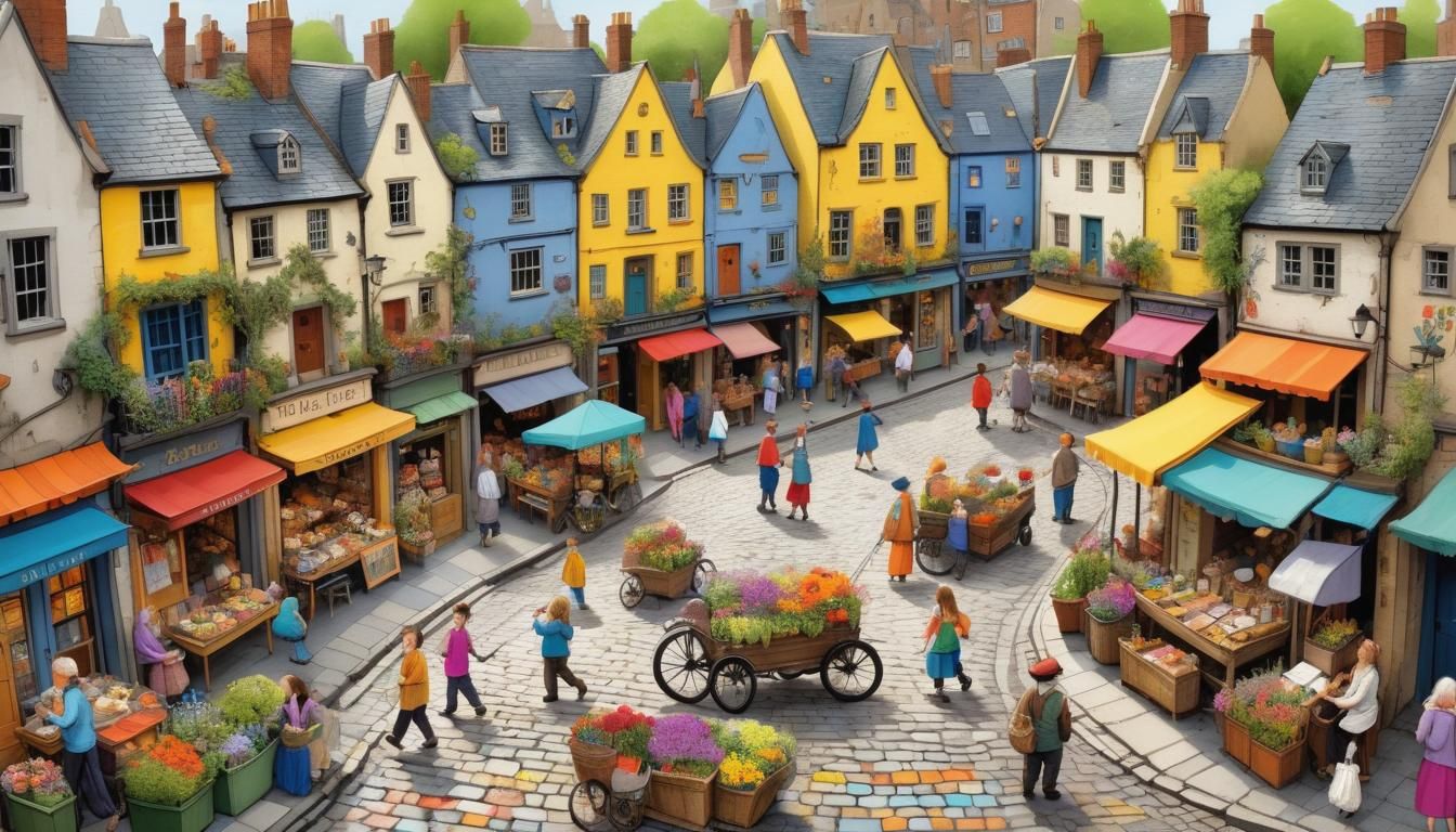 A Vibrant Town Bustling with Creativity in Storybook Style