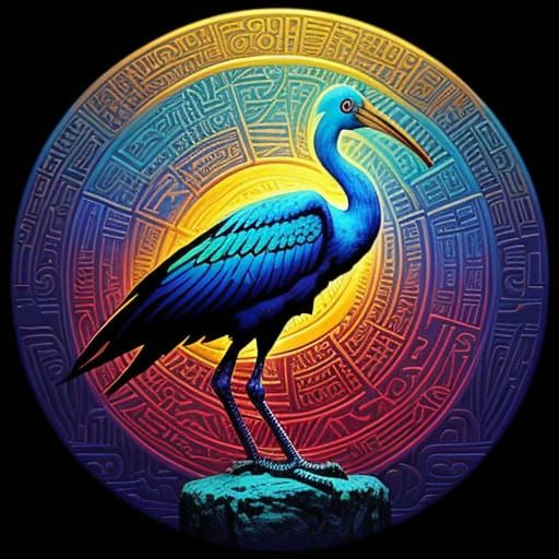 Ibis in Golden Light Amidst Ancient Hieroglyphs