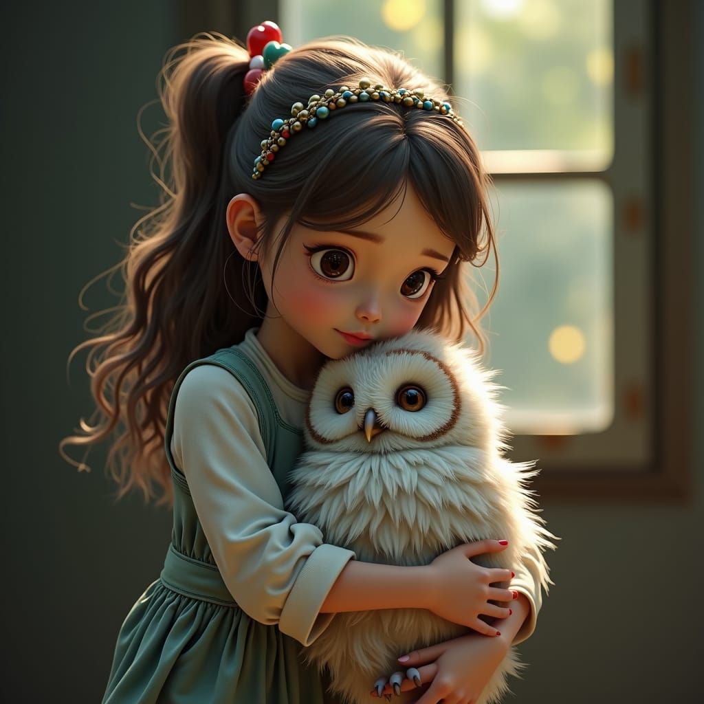 Girl Hugging a Fluffy Owl, Detailed Octane Render