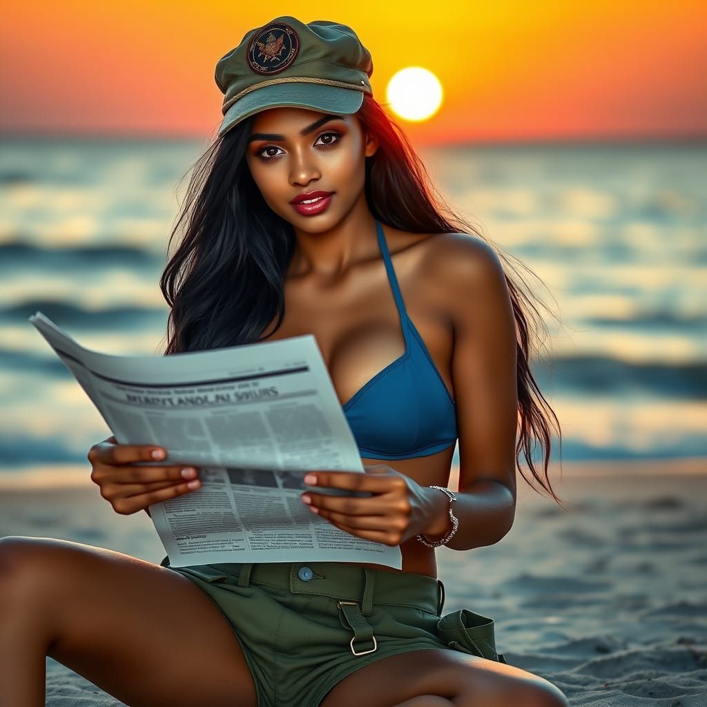 Tamil Woman in Military Cap Reads Newspaper on Beach