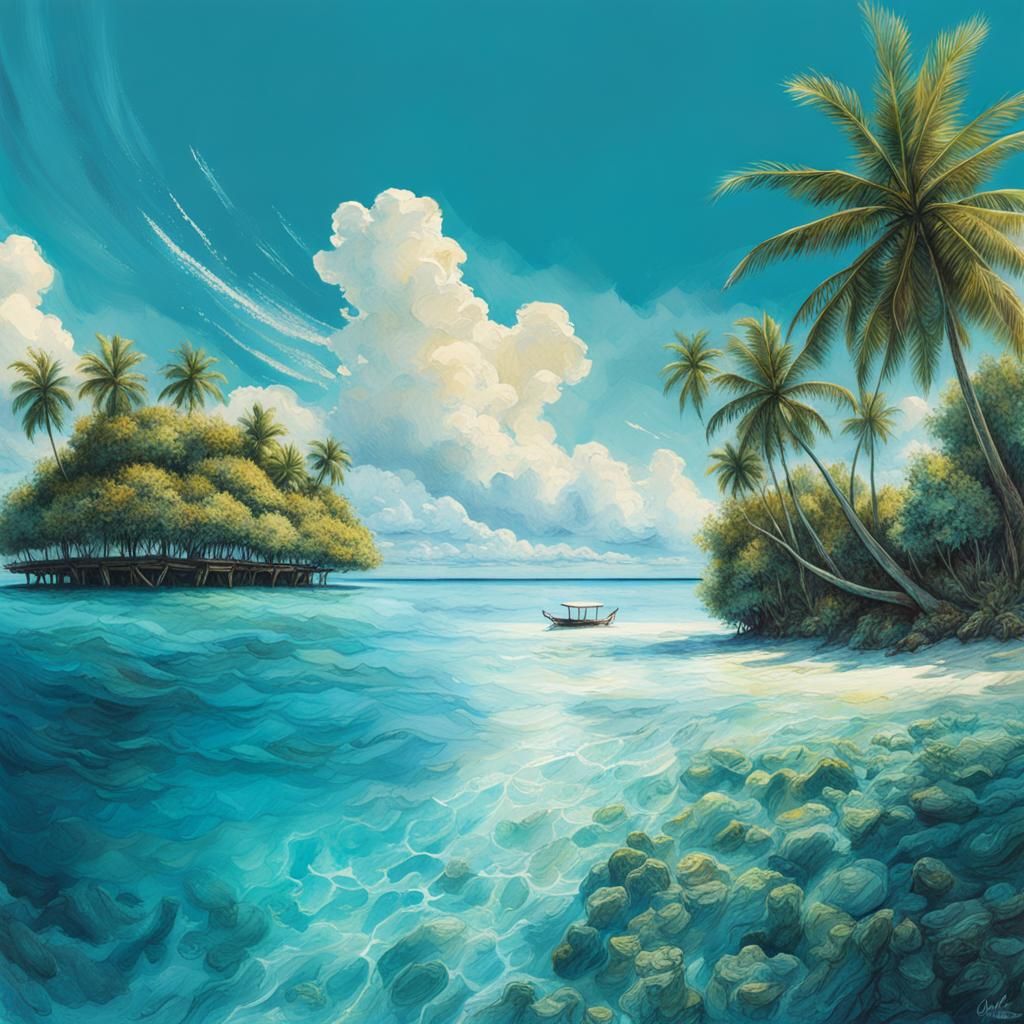 Maldives Landscape in Watercolor Print Style
