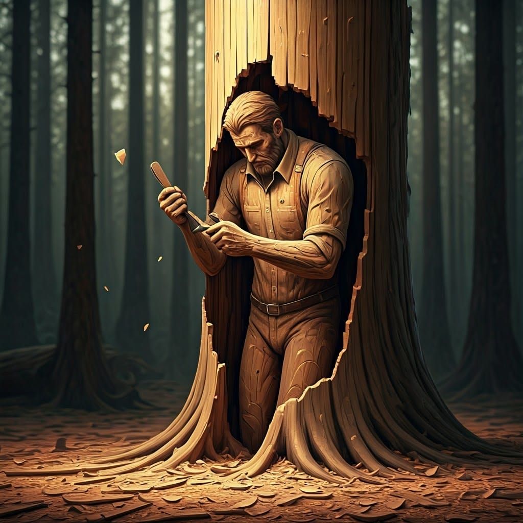 Wood Carver Emerges: Hyper-Realistic Digital Art