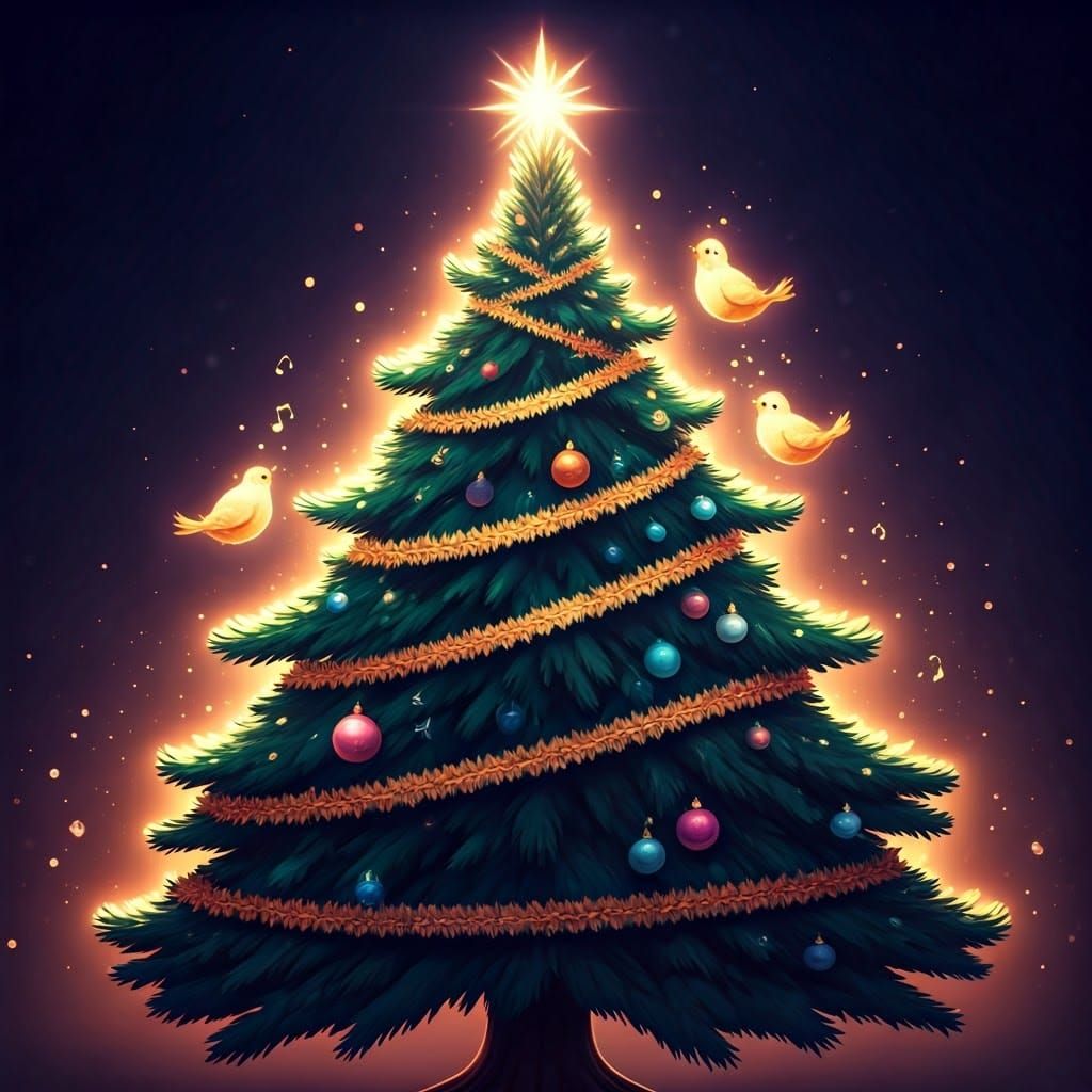 Joyful Christmas Tree in Vibrant Manga Style with Singing Bi...