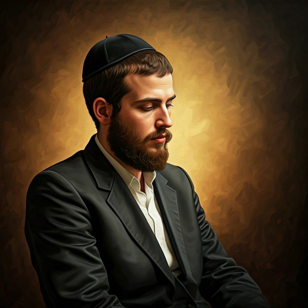 Young Man in Traditional Attire with Ultra-Orthodox Kippah i...