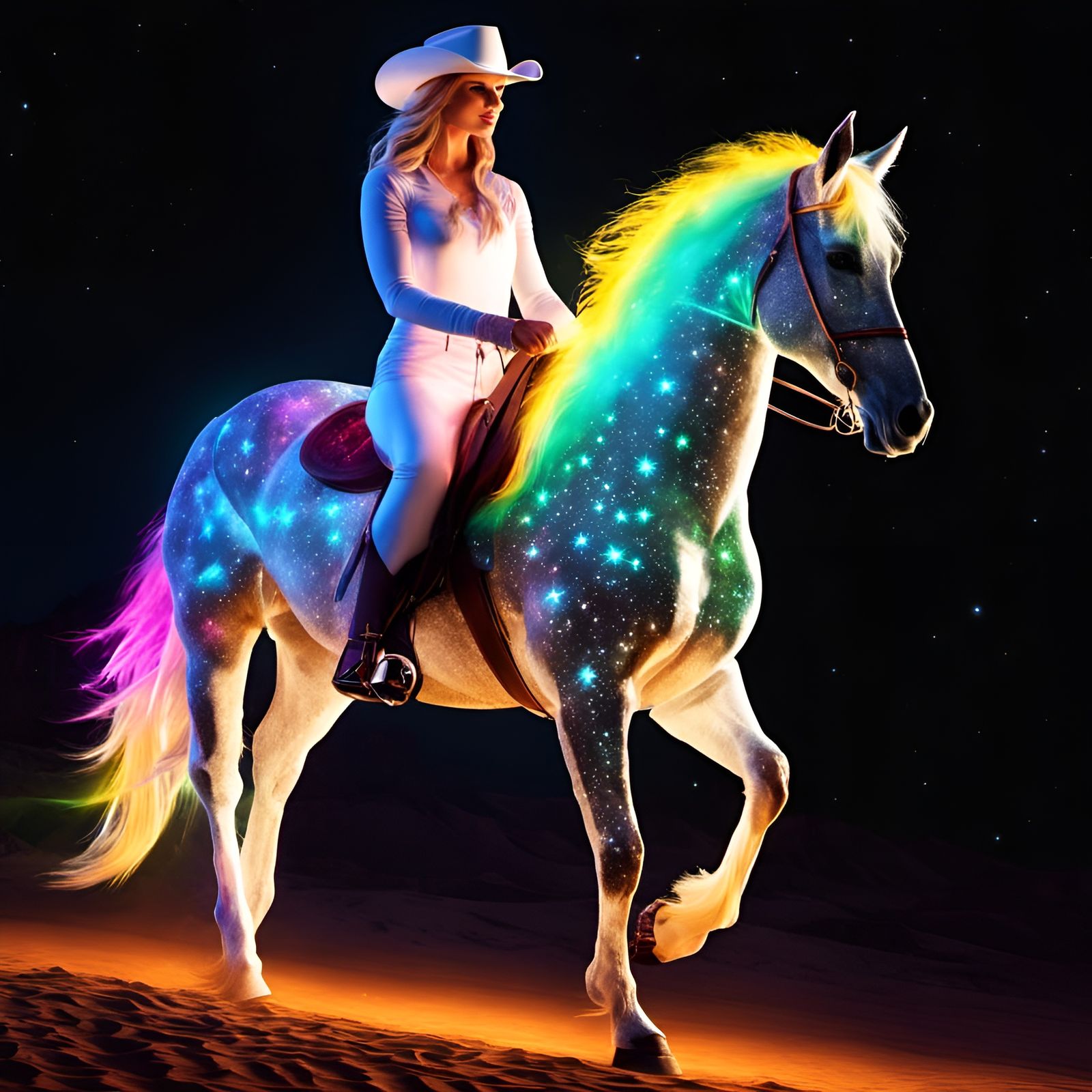 Star bright Rainbow prism Glowing twinkling stars hologram Twinkling stars horse hot Cowgirl riding White horse black sk...