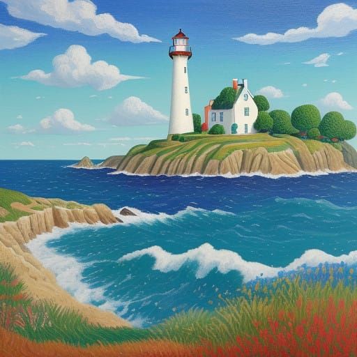Whimsical Lighthouse on Rugged Coastline in Vibrant Colors