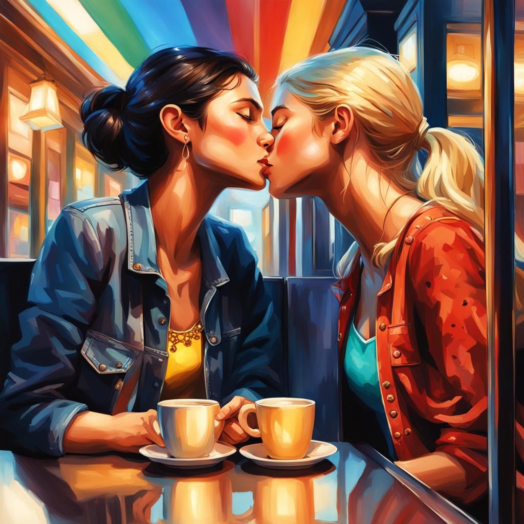 Dark-Haired Girl and Blonde Woman Kiss in Cafe