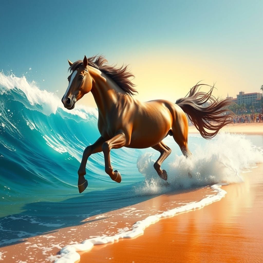 Majestic Horse Defies Gravity on Vibrant Seaside Trot