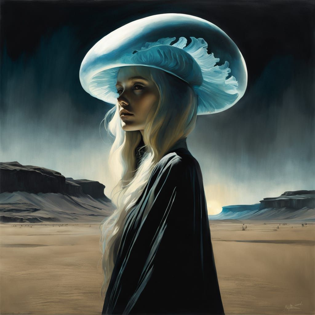 Surreal Bioluminescent Jellyfish in Moonlit Desert Landscape