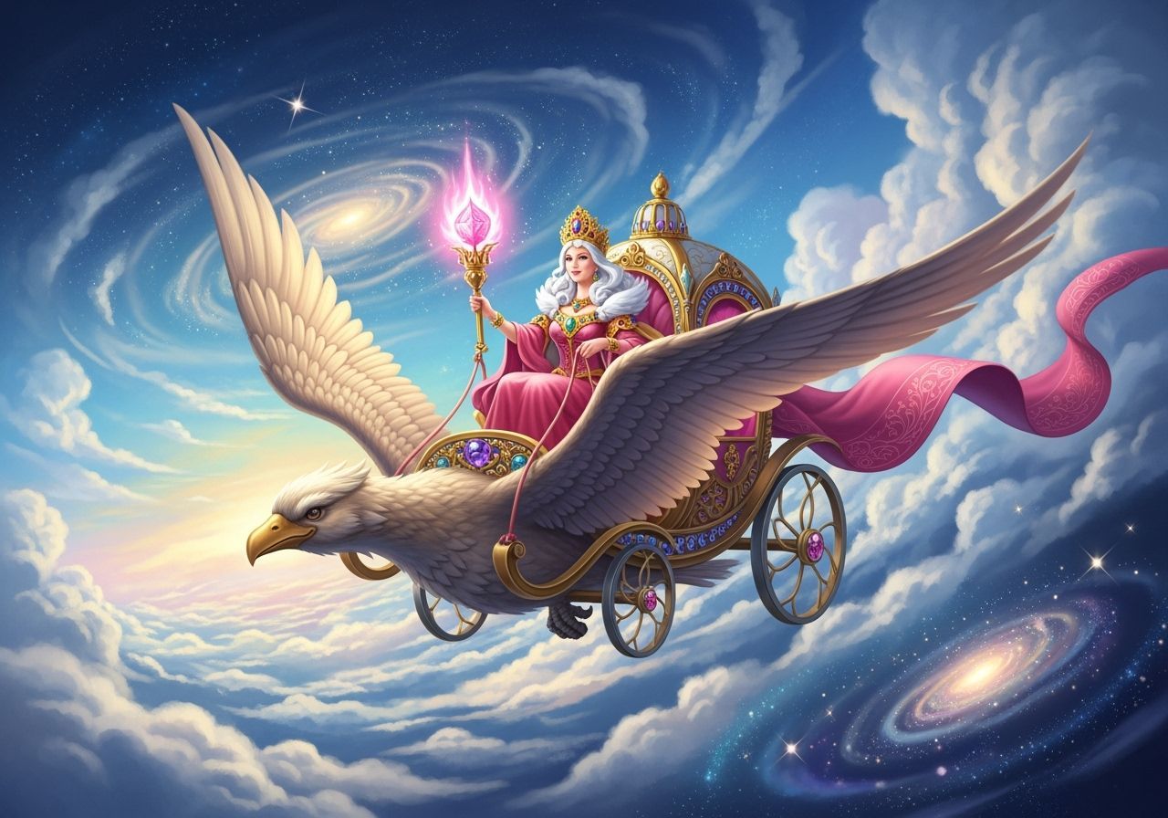 Benevolent Queen Soars Through Sweet Sky on Bird-Drawn Carri...