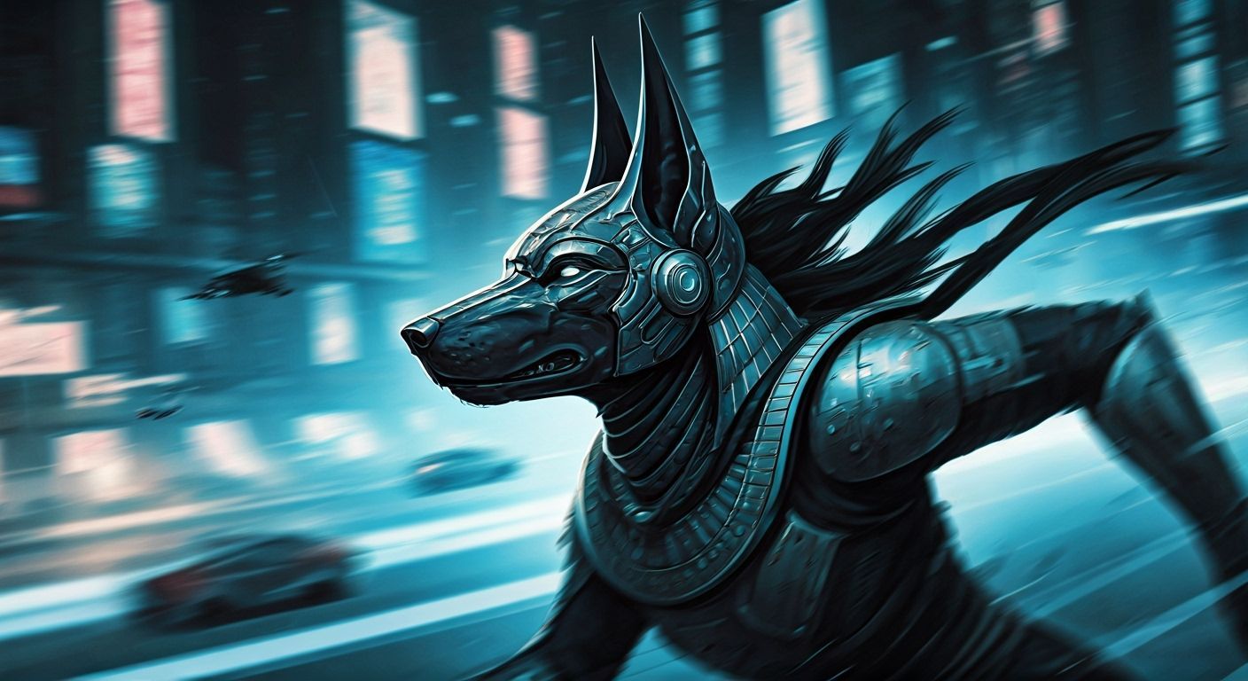 Anubis in Cyberpunk Cityscape Graphic Novel Illustration
