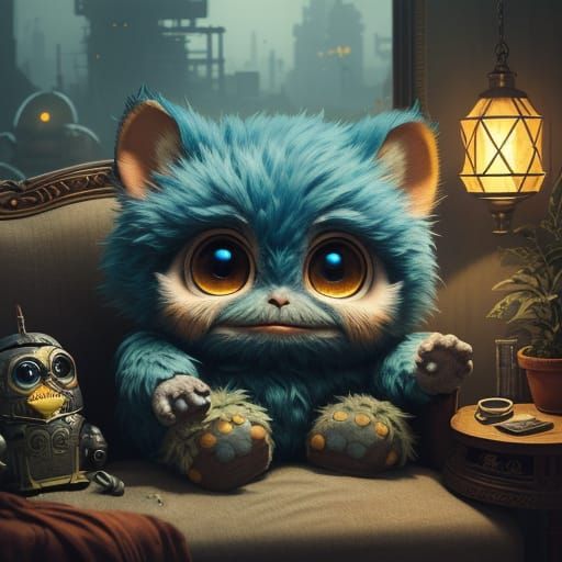 Whimsical Furby Gremlin in Cozy Home Scene