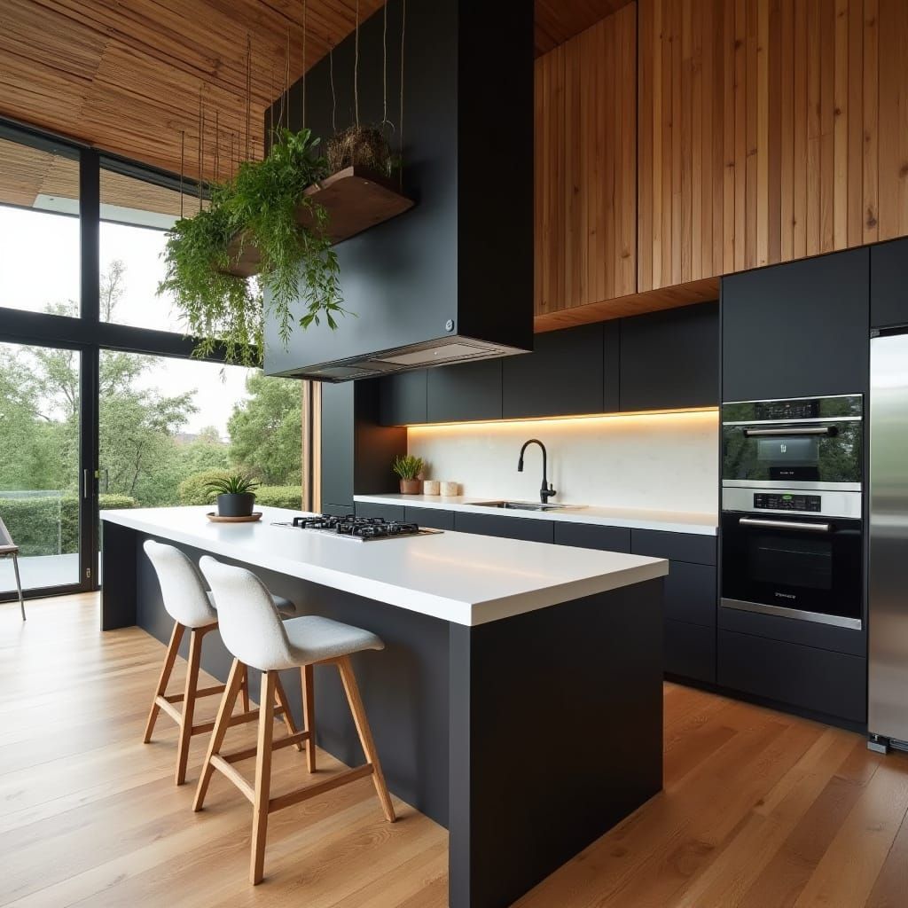 Modern Minimalist Kitchen Interior with Island and Natural L...