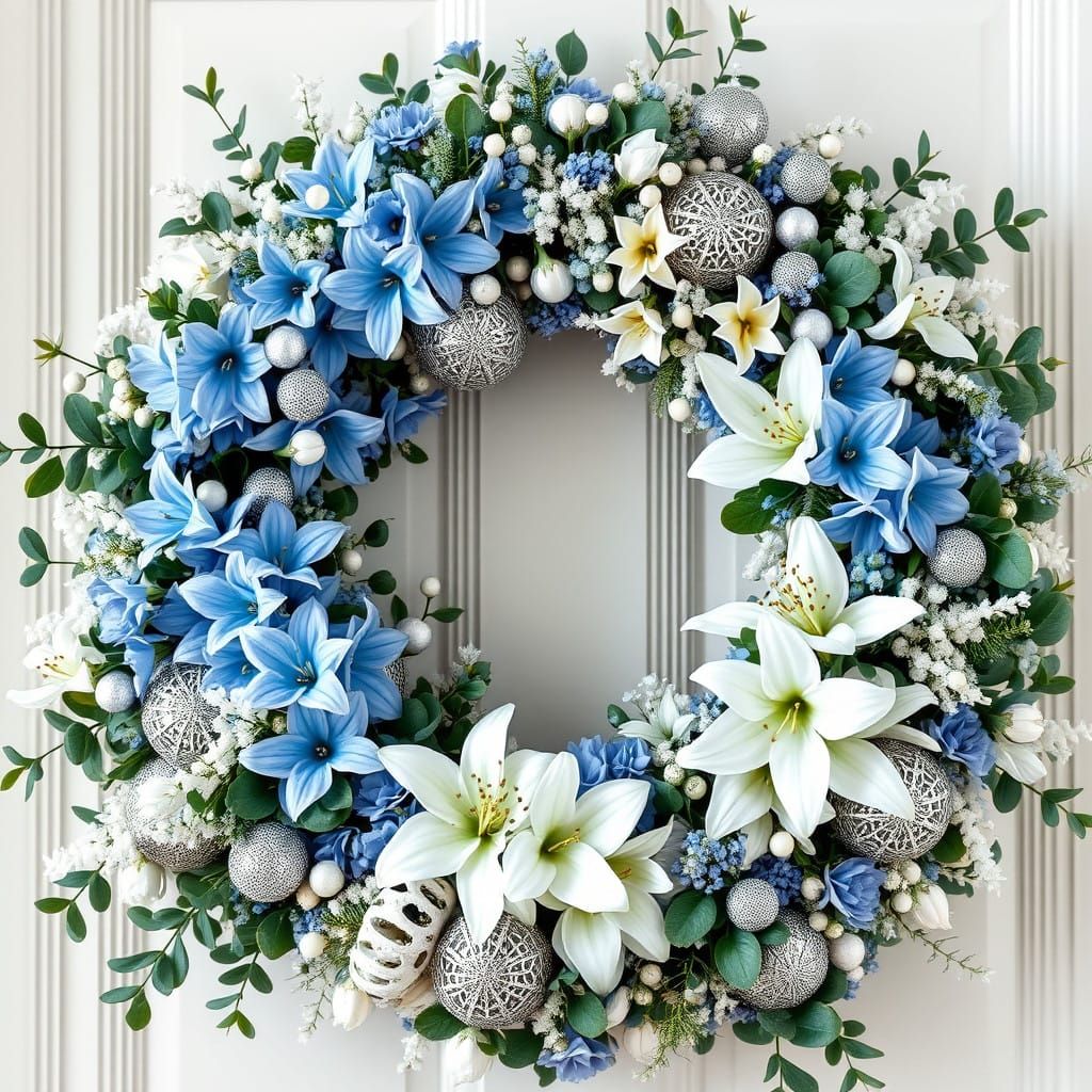 Silver and White Winter Floral Wreath with Delicate Ornament...