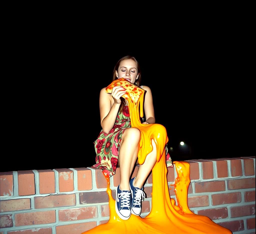 Melting Pizza Nighttime Portrait in Film-Grain Style