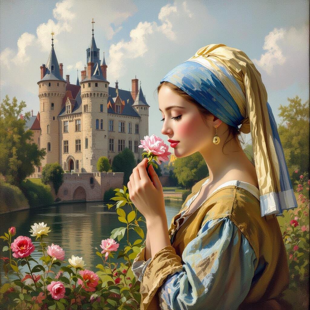 Woman Smelling Flower Before Castle in Vermeer Style