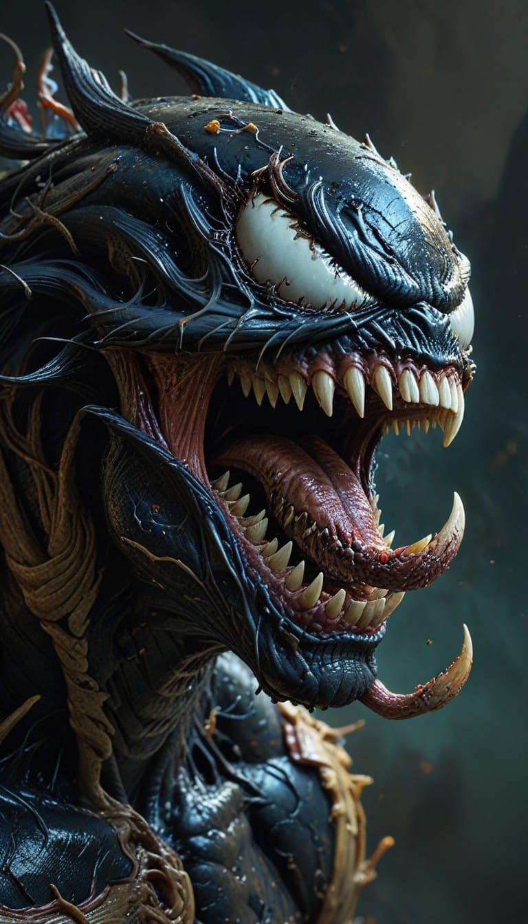 Venom's Twisted Visage in Hyper-Realistic Art
