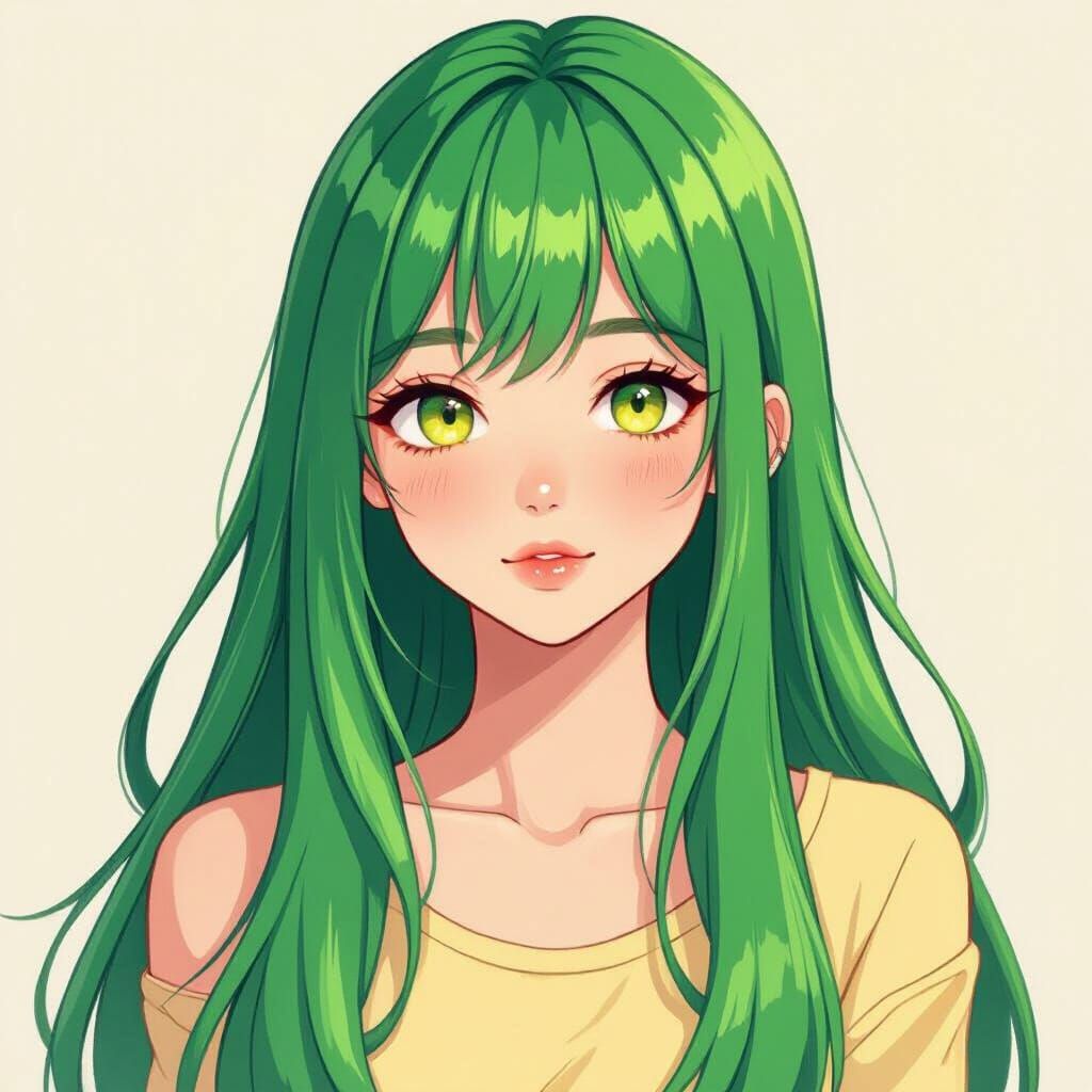 Anime Girl with Green Hair and Yellow Eyes Blushing