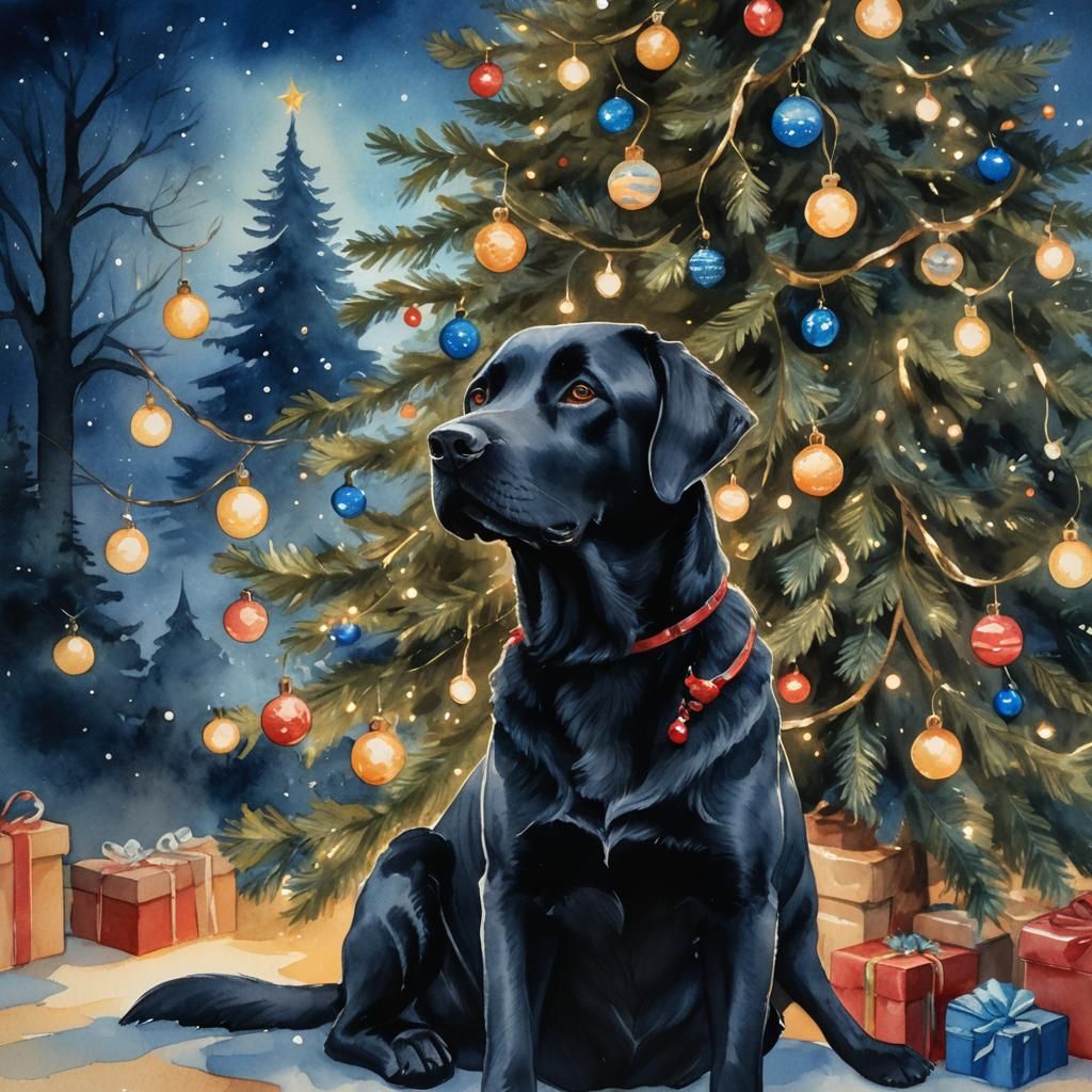 Black Lab by Christmas Tree, Watercolour Painting