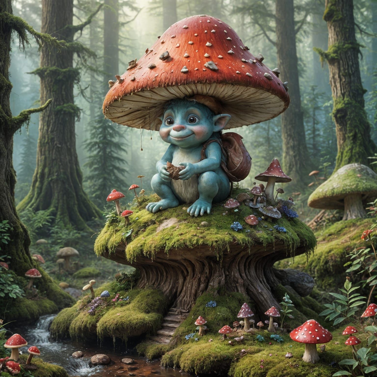 Mystical Forest Troll Amidst Lingonberries and Pines