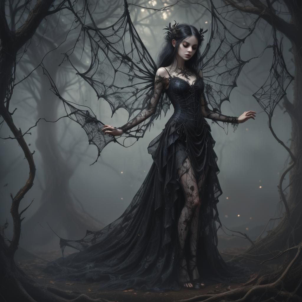 Gothic Fairy in Spiderweb Dress Illustration