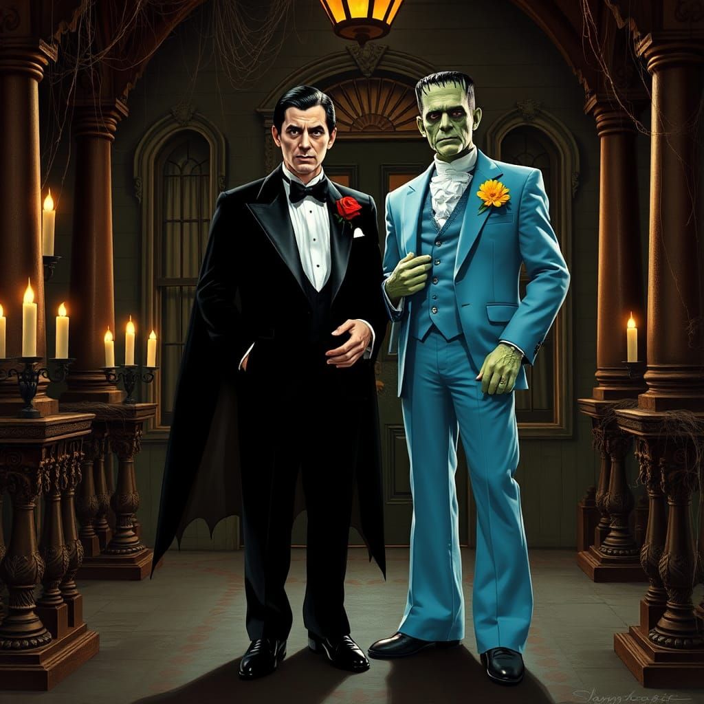 Dracula and Frankenstein in Formal Wear on Victorian Porch