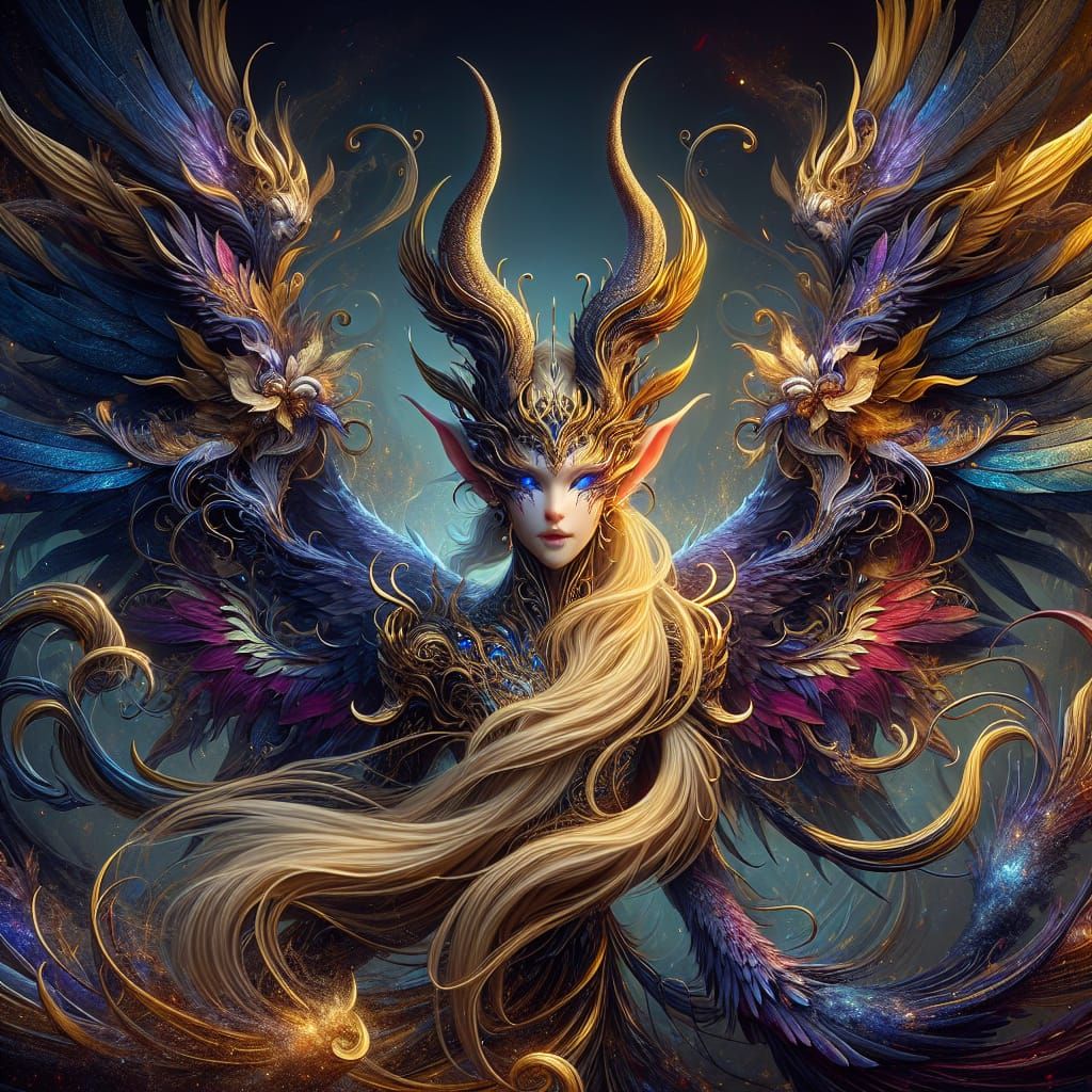 Mystical Seraphim-Demon Hybrid with Golden Hair
