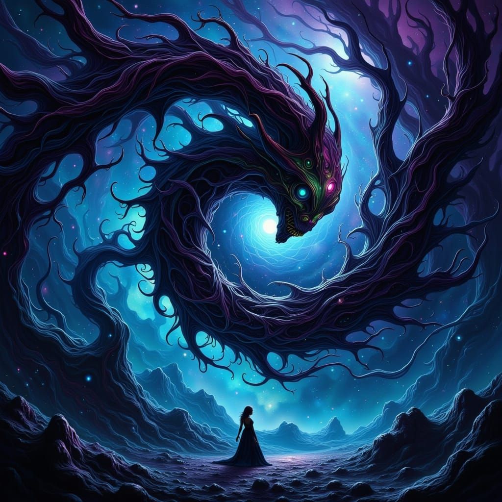 Cosmic Horror Void Elemental in Dark Glitch Art