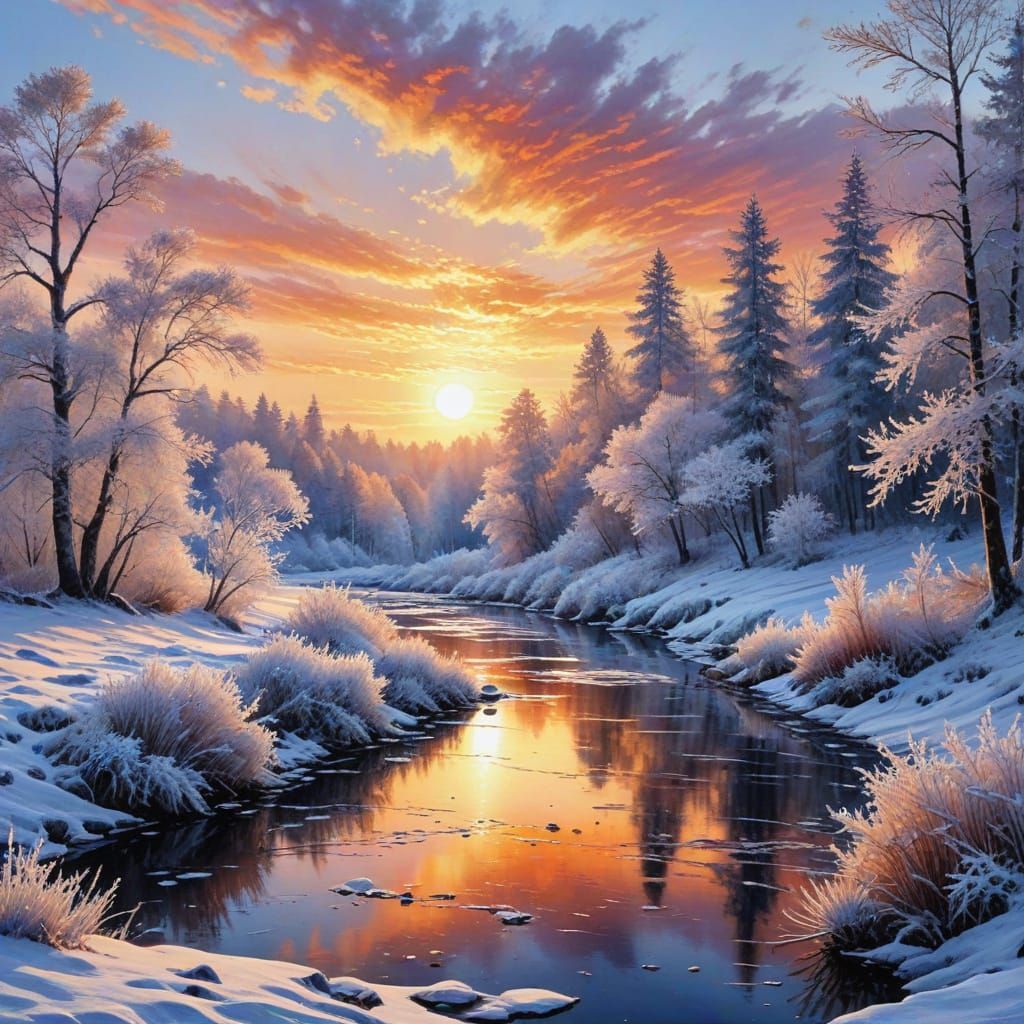 Stunning Frosted Winter Sunset Over Sparkling River