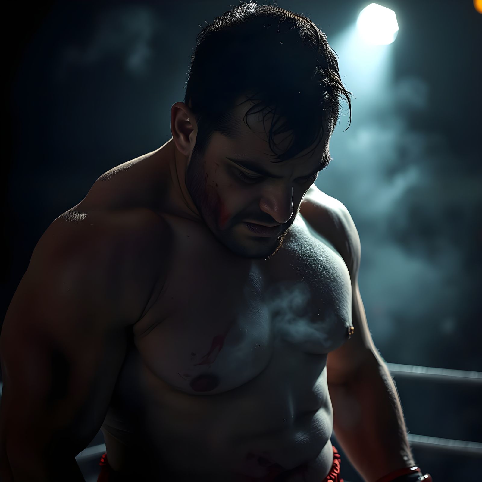 Bruised Boxer in Smoky Boxing Ring