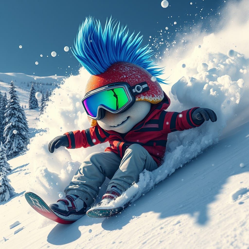 Radical Snowboarding Mushroom in Vibrant 90s Extreme Sports....