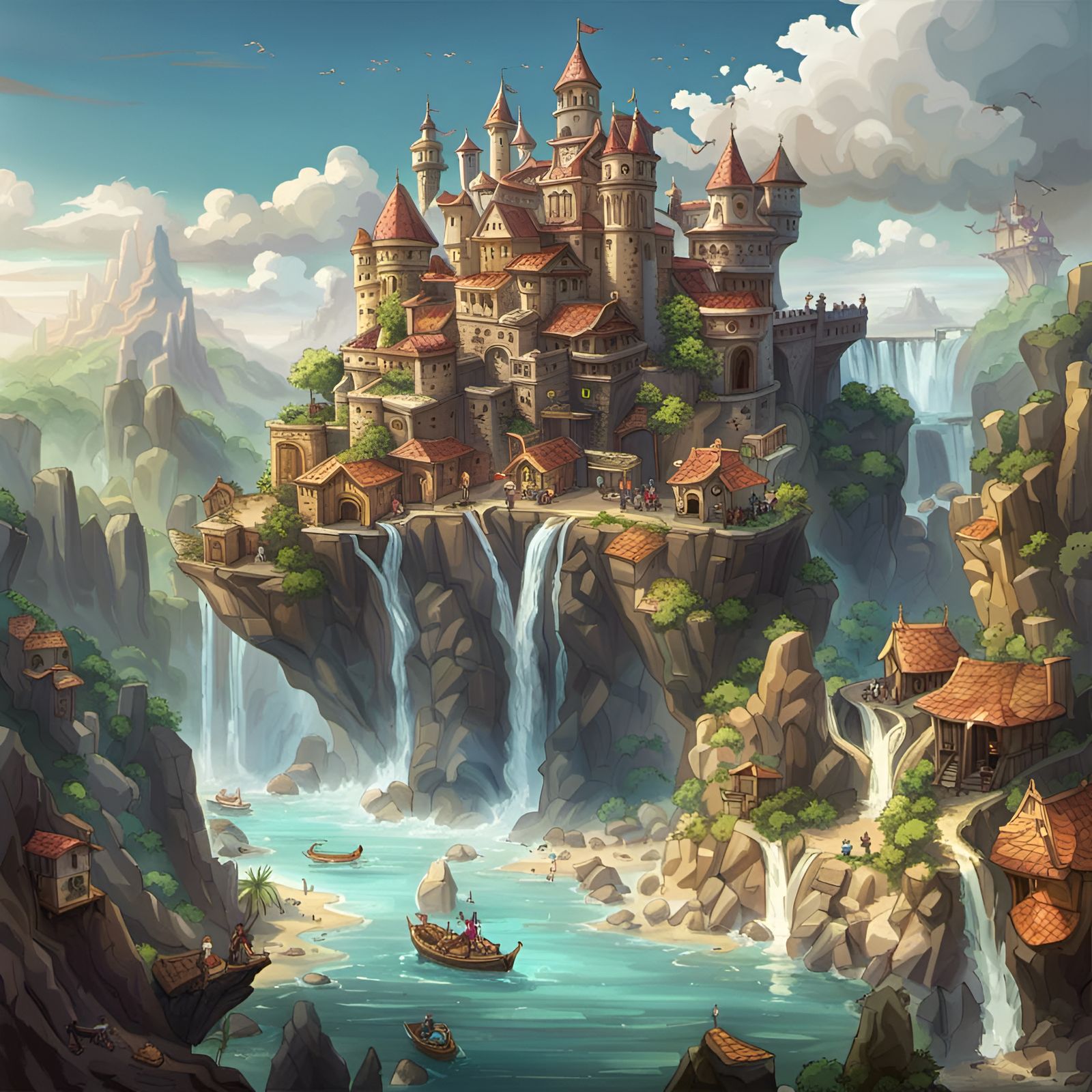 Fantasy Floating Island with Castle and Waterfalls