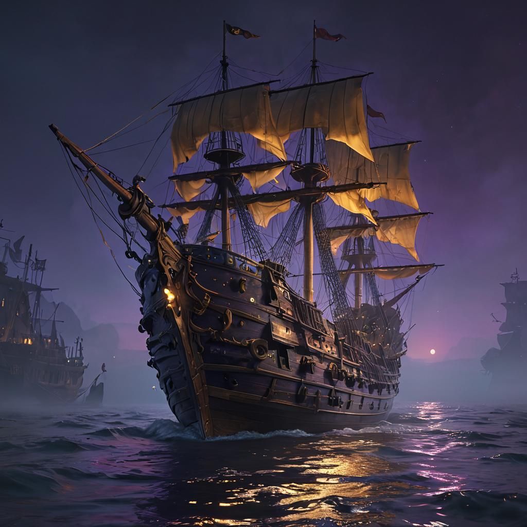 Ghost Pirate Ship on a Foggy Night