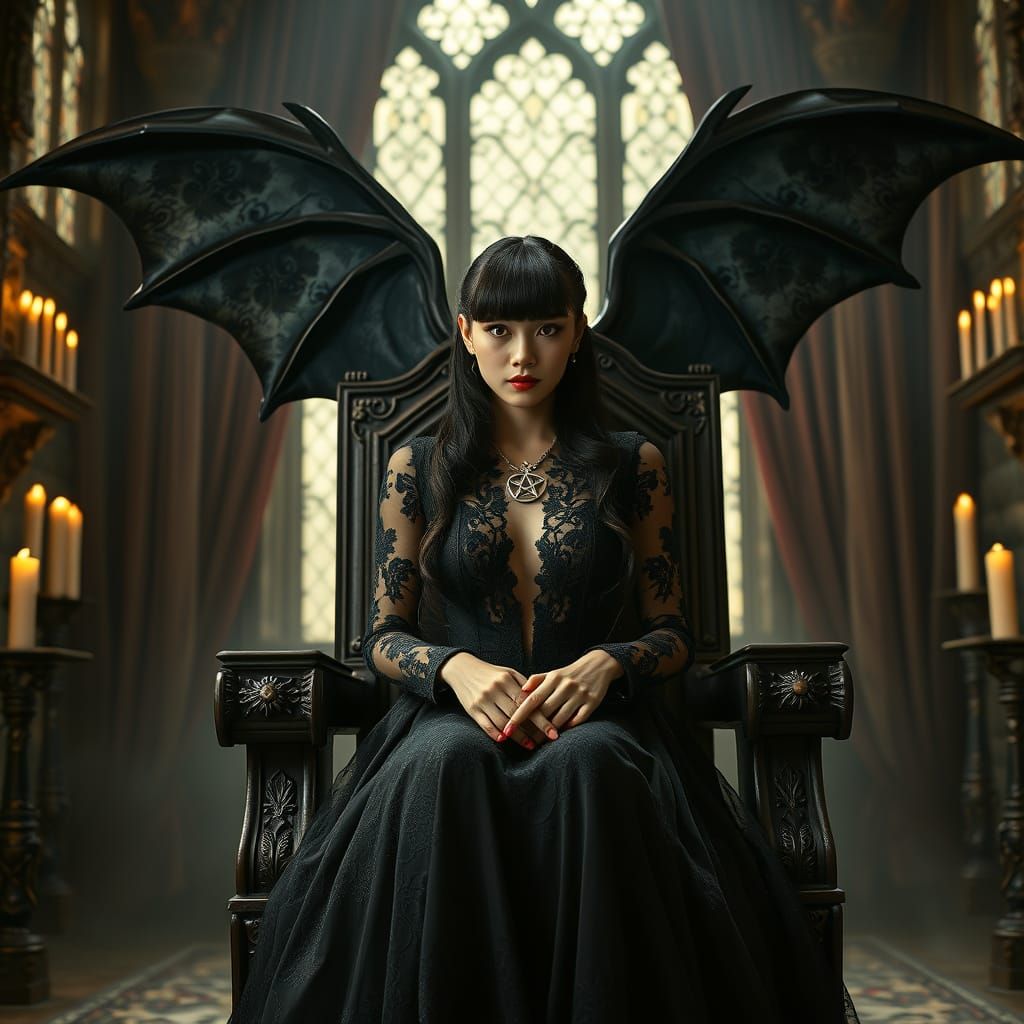 Gothic Queen with Bat Wings on Dark Throne