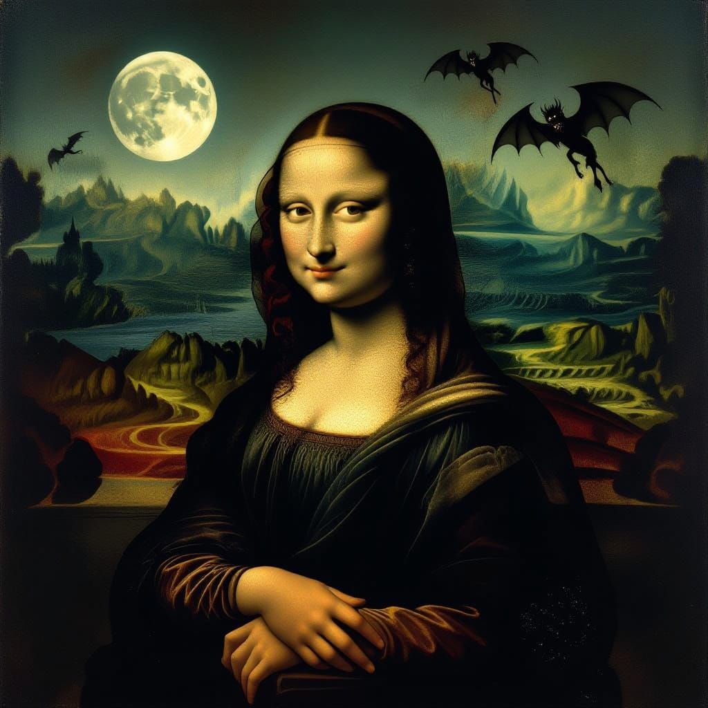 Mysterious Mona Lisa Under Dark Castle Sky with Demonic Crea...
