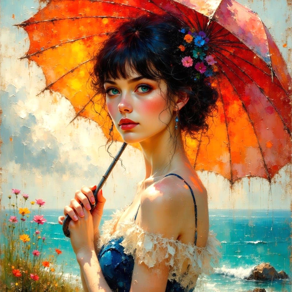 Woman with Parasol in Impasto Oil Glaze Style