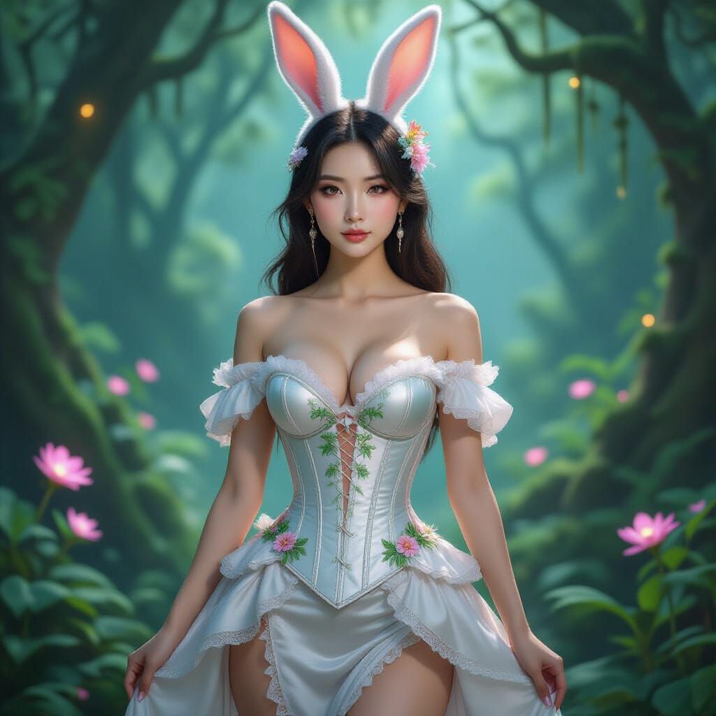 Beautiful Woman with Rabbit Features in Fantasy Forest