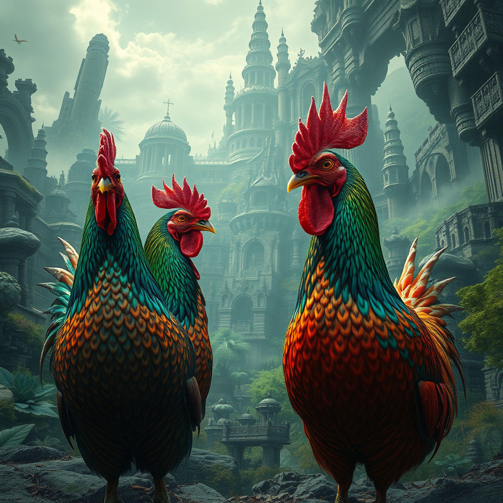 Ornate Chickens in Surreal Emerald Landscape