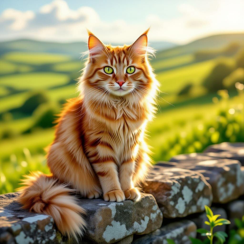 Tabby Cat in Irish Field, Hyperrealistic Digital Art