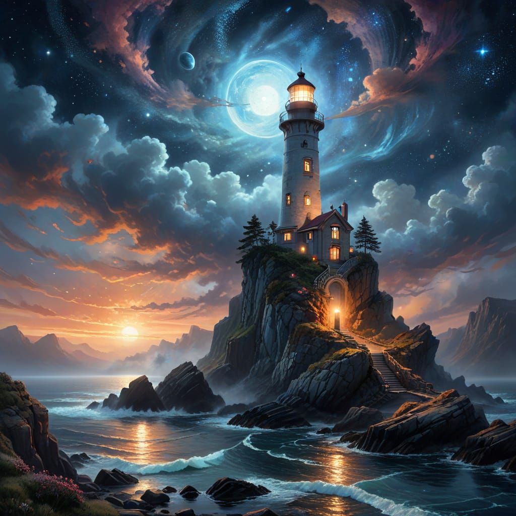 Cosmic Lighthouse in Art Nouveau Style