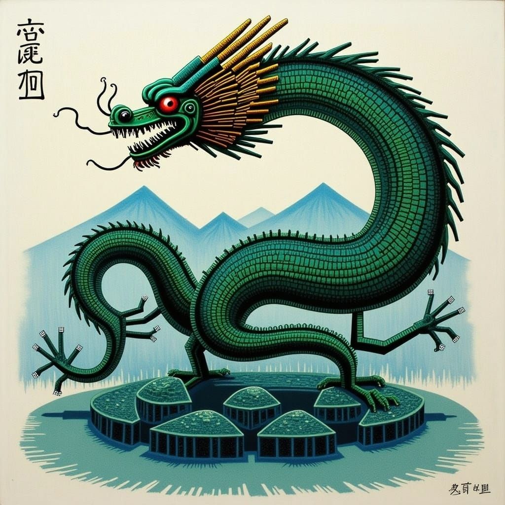 Chinese Dragon Coiled on Misty Peak