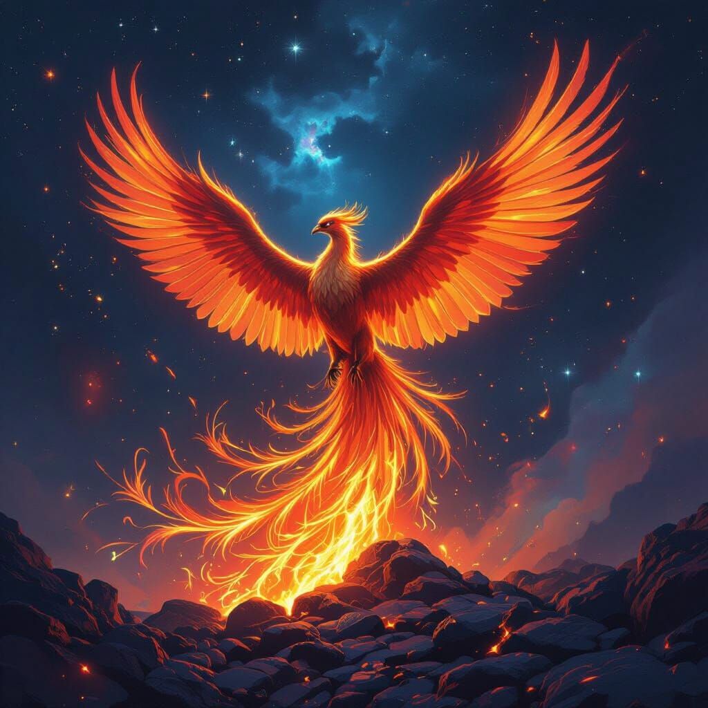 Phoenix Rising: Iridescent Feathers in Cosmic Art