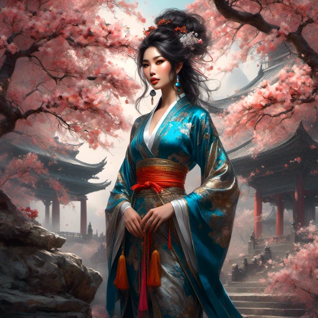 Portrait of a Asian sorceress by an old tree