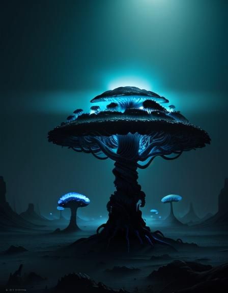 Eerie Alien Skeleton in Bioluminescent Landscape