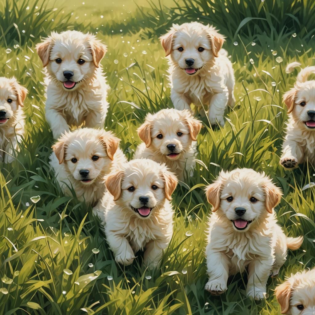 Adorable Puppies Playing in a Sunny Meadow