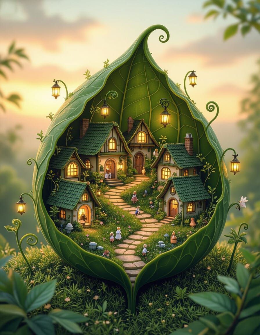 Hidden Miniature Village on Giant Leaf in Magical Realist St...