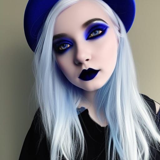 Ethereal gothic young lady with platinum blonde hair& Sapphire blue eyes& baby blue eyeshadow very beautifully done& Bla...