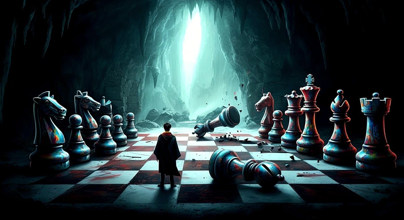 Giant Chess Game in Cave, Graffiti Art Style